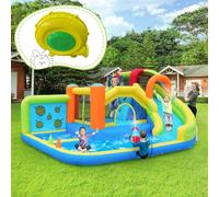 Château Gonflable Enfant 8-en-1 avec Toboggan, Trampoline & Parc Aquatique - Aire de Jeux Mixte (Sec/Humide) - Cage de Foot, Basket & Mur d'Escalade Souffleur 450W Inclus Tissu Oxford(410*315*203cm)