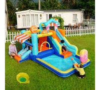 Château Gonflable Enfant avec Double Toboggan et Parc Aquatique - Aire de Jeux 7-en-1 (Tunnel, Mur d'escalade, Pistolets à Eau) - Usage Mixte (Sec/Humide) - Souffleur 450W Inclus (395 * 340 * 236)