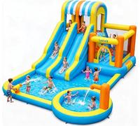 Chateau Gonflable Extérieur avec Piscine, 8 in 1 Château Gonflable XXL -Double Toboggan & Souffleur,Structure Gonflable Exterieur Enfant 485 * 380 * 245cm, Air De Jeux Gonflable Piscine Fur 3-8 Ans