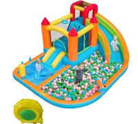Château gonflable extérieur multifonctionnel avec souffleur, toboggan aquatique + trampoline + panier de basket + pistolet à eau, 2 zones de piscine, 1 grand petit toboggan, 460x343x190 cm