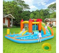 [Château Gonflable extérieur Multifonctionnel] avec souffleur, Toboggan Aquatique + Trampoline + Panier de Basket + Pistolet à Eau, 2 Zones de Piscine, 1 Grand et 1 Petit Toboggan