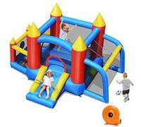 COSTWAY Château Gonflable pour Enfants avec Souffleur 450W Toboggan 60 Boules Colorées,Jeux de Fléchettes But de Football Sac