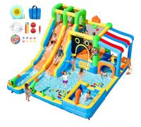 Château Gonflable Grand avec 2 Toboggans d’Eau pour Enfants, Parc Aquatique Gonflable avec Trampoline, Piscine, Panier de Basket et Mur d’Escalade, Usage Intérieur et Extérieur 445 x 403 x 200 cm
