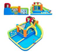 Château gonflable multifonctionnel pour enfants avec toboggan aquatique, trampoline, panier de basket, pistolet à eau et 2 zones de piscine - parc aquatique extérieur (460 x 343 x 190 cm)