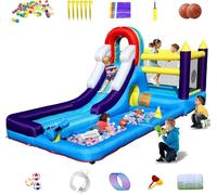 Château Gonflable Parc Aquatique pour Enfants avec Toboggan, Trampoline,Pataugeoire, Grand Château Gonflable pour Extérieur, Cadeau de Vacances/d'anniversaire pour Les Enfants, 490 ×216×207 cm