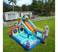 Château gonflable pour enfants avec ventilateur, parc aquatique XXL avec double toboggan, mur d'escalade, pistolet à eau et piscine, château gonflable d'extérieur pour le jardin, 3 à 8 ans