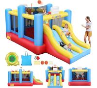 Château gonflable pour enfants de 3 à 12 ans, 4,6 x 2,4 m, château gonflable avec toboggan et espace de saut avec ballon et panier de basket, pour 4 enfants, tissu Oxford 420D/840D résistant avec