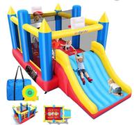 Château gonflable pour enfants de 3 à 12 ans - 4,6 x 2,4 m - Château gonflable avec toboggan et zone de saut avec 2 paniers de basket - Boîte à saut pour 4 enfants - Châteaux gonflables avec