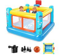 Château gonflable pour enfants de 3 à 6 ans, intérieur et extérieur, PVC indéchirable, avec piscine à balles amovible, panier de basket-ball et ventilateur (château gonflable 3 en 1)