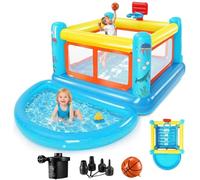 Château gonflable pour enfants de 3 à 6 ans, intérieur et extérieur, PVC indéchirable, avec piscine à balles amovible, panier de basket-ball et ventilateur (château gonflable 4 en 1)