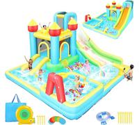 Château Gonflable pour Enfants, Toboggan Aquatique Gonflable pour Enfants de 3 à 10 Ans, Toboggan Sec/Aquatique en Plein air Parc Aquatique avec 2 toboggans, pataugeoire et Piscine, Panier de Basket,