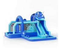 Château Gonflable Structure Dinosaure en Tissu Oxford, Jeux Gonflable Enfant Exterieur, avec Souffleur, Trampoline, Toboggan, Mur d'escalade, Aire De Jeux, pour 3-10 Ans, Capacité 113 kg, Bleu