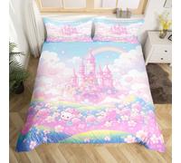 Château pour Enfants Housse de Couette 140x200 Cartoon Magic Castle Parure de Lit,Feuilles de Roses Mignonnes Literie Kawaii Rainbow Cloud Imprimer Linge de Lit Couverture Amour Romantique Literie