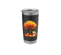 Chaton avec café glacé sous l'arbre d'automne chat Bonjour automne Gobelet isotherme en acier inoxydable double paroi