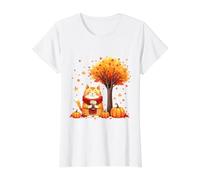 Chaton avec café glacé sous l'arbre d'automne Chat Bonjour Automne T-Shirt Graphique avec Valeur