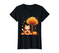 Chaton avec café glacé sous l'arbre d'automne Chat Bonjour Automne T-Shirt Graphique avec Valeur