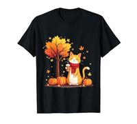 Chaton avec café glacé sous l'arbre d'automne Chat Bonjour Automne T-Shirt Graphique avec Valeur