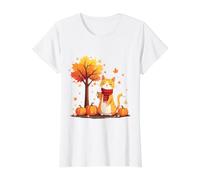 Chaton avec café glacé sous l'arbre d'automne Chat Bonjour Automne T-Shirt Graphique avec Valeur
