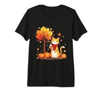 Chaton avec café glacé sous l'arbre d'automne Chat Bonjour Automne T-Shirt Haut de Gamme