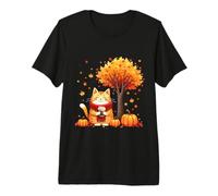 Chaton avec café glacé sous l'arbre d'automne Chat Bonjour Automne T-Shirt Haut de Gamme