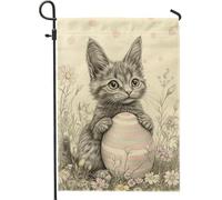 Chaton avec œuf de Pâques, chat gris, décoration florale printanière, toile de jute double face, décoration d'extérieur pour fête de vacances, 30,5 x 45,7 cm
