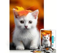 Chaton Blanc avec Feuille d'automne Puzzle de 1000 pièces Jeu de réflexion Stimulant Découpe Experte Artisanat Fascinant pour Les Moments de détente (38x52cm)