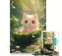 Chaton Blanc dans Un Bateau en Feuilles Puzzle de 1000 pièces pour Adultes Jeu de réflexion Amusant Technologie de découpe Laser avancée Défi divertissant pour Passer Le Temps (38x26cm)