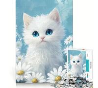 Chaton Blanc et Marguerites Puzzle de 1000 pièces pour Adultes Jeu de réflexion Découpe Nette,alignement Parfait Activité Amusante en Famille Le Soir (38x52cm)