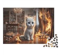 Chaton Blanc pleurantPuzzle Classique 1000 Pièces Étude Incendie pour Couples Relaxation Mentale Divertissement Familial Cadeau d'anniversaire 38x26cm/1000pcs