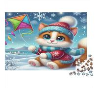 Chaton d'hiver Faisant Voler Un cerf-Volant Puzzle 1000 Pièces Papier recyclé pour Adultes Puzzle pour Adultes Impossible Difficile Stimulant pour Enfants à partir de 12 Ans 70x50cm/1000pcs