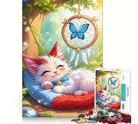 Chaton endormi avec Attrape-rêves Puzzle de 1000 pièces pour Adolescents Jeu cognitif Détente Lente Bordure Premium Cadeau de Noël 38x52cm