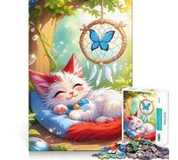 Chaton endormi avec Attrape-rêves Puzzle de 1000 pièces pour Adolescents Jeu de logique et de Loisirs Bordure Fine Cadeau spécial 50x75cm