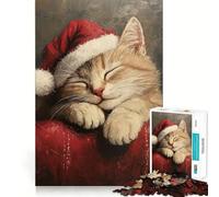 Chaton endormi avec Un Bonnet de Père Noël Puzzle de 1000 pièces pour Adolescents Jeu de réflexion et de détente Découpe Nette Liste de souhaits du Père Noël 38x52cm