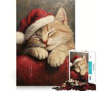 Chaton endormi avec Un Bonnet de Père Noël Puzzle de 1000 pièces pour Adultes Jeu Intelligent et Silencieux Découpe précise Cadeau spécial 38x26cm