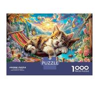 Chaton endormi, Puzzle de Casse-tête Premium en Carton, Chat Qui Saute et Fleurs, Anti-Ennui, décoration de Maison, 70x50cm/1000pcs
