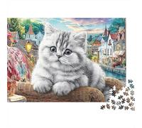 Chaton Gris Puzzle 1000 Pièces Papier pour Adultes Scène de Village Jeu de Puzzle 1000 Pièces Détente Décoration Cadeau 38x26cm/1000pcs