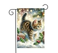 Chaton Jouant Dans La Neige Chat Mignon Houx Pomme De Pin Noël Drapeau De Jardin Décoratif Drapeau Résistant Aux Intempéries Garden Flag Pour Pelouse Cour Mur 30X45Cm