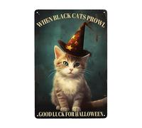 Chaton Mignon Portant Un Chapeau De Sorcière Pour Halloween, Bonne Chance Pour Halloween Affiche Poster Plaque Drôle Métal Tôle Signe Rétro Affiche Étain Pour Salle De Bain Chambre Club