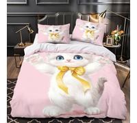 chaton mignon qui fait coucou 3D Imprimé Housse de couette 3 pièces Microfibre éclair caché Illustration de dessin animé Drap de couette 2 taies entretien facile filles enfants Single（140x200cm）