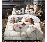 chaton mignon qui jette un coup d'œil 3D Imprimé Drap de couette Microfibre résistante dessin animé ludique Housse de couette 2 taies lavable machine déco chambre enfant Super king（260x220cm）