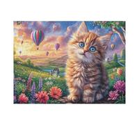 Chaton Montgolfière Champ de Fleurs Mignon Animal de Compagnie Faune Sauvage Puzzle 500 Pièces pour Adultes Amusant Captivant Et Relaxant Parfait pour Activités en Famille Et Amis 500 PCS（52×38cm）