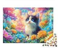 Chaton Noir-Blanc dans Le Champ de Fleurs avec Cascade et Papillons Puzzle De 1000 Pièces Chat Mignon Qualité Premium, Excellent Jeu pour Adultes Et Enfants 70x50cm/1000pcs