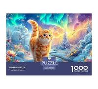 Chaton Orange dans Une scène d'aurora enneigée Puzzle De 1000 Pièces Pet Chat Mignon Amusement De Jeu d'esprit pour Adultes Et Enfants 70x50cm/1000pcs