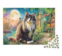 Chaton près de rivière 1000 pièces Puzzle Adultes Chat au Poil bouclé Under Pleine Lune Premium épais Solide Vif Stimulant Anti-Stress Cadeau 52x38cm/1000 pièces