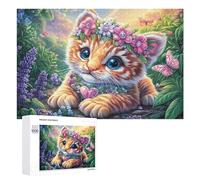 Chaton riant avec des perroquets et des Fleurs Puzzle 1000 Pièces pour Famille Loisirs Intérieurs Esprit D’Équipe Cadeau pour Saison Festive 1000 PCS
