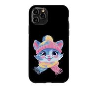 Chaton Souriant Hiver Mignon Félin Portrait Graphique Chat Bleu Coque pour iPhone 11 Pro