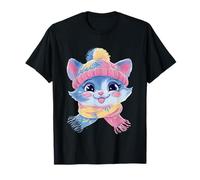 Chaton Souriant Hiver Mignon Félin Portrait Graphique Chat Bleu T-Shirt