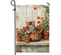 Chaton Tigré Brun En Panier, Printemps-Été, Fleur Drapeau Résistant Aux Intempéries Drapeau De Jardin Décoratif Garden Flag Pour Célébrations Extérieur Balcon 30X45Cm