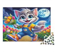 Chatons de Dessin animé Fleurs Lune Puzzles 1000 Pièces Papier recyclé pour Adultes Puzzle pour Adultes Impossible Difficile Stimulant Activité Amusante pour la Maison 38x26cm/1000pcs