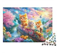 Chatons sur Le Train d'or dans coloré, Paysage Floral Puzzle De 1000 Pièces Chat Mignon Défi De Jeu d'esprit pour Adultes Et Enfants 52x38cm/1000pcs